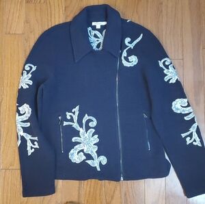 Chicos Embroidered Zip Jacket in Blue size 1 Medium